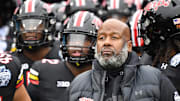 Dec 30, 2023; Nashville, TN, USA; Maryland Terrapins head coach Mike Locksley waits to take the field before the game against the Auburn Tigers at Nissan Stadium. Mandatory Credit: Christopher Hanewinckel-Imagn Images