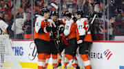 Nov 22, 2025; Philadelphia, Pennsylvania, USA; Philadelphia Flyers right wing Tyson Foerster (71) reacts with teammates after scoring a goal against the New Jersey Devils in the first period at Xfinity Mobile Arena. Mandatory Credit: Kyle Ross-Imagn Images