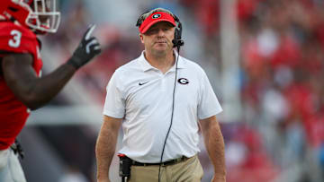 Oct 12, 2024; Athens, Georgia, USA; Georgia Bulldogs head coach Kirby Smart on the sideline against the Mississippi State Bulldogs in the third quarter at Sanford Stadium. Mandatory Credit: Brett Davis-Imagn Images
