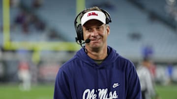 Jan 2, 2025; Jacksonville, FL, USA; Mississippi Rebels head coach Lane Kiffin looks on against the Duke Blue Devils in the fourth quarter during the Gator Bowl at EverBank Stadium. Mandatory Credit: Nathan Ray Seebeck-Imagn Images