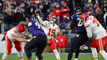 Jan 28, 2024; Baltimore, Maryland, USA; Kansas City Chiefs quarterback Patrick Mahomes (15) passes the ball against the Baltimore Ravens during the second half in the AFC Championship football game at M&T Bank Stadium. Mandatory Credit: Tommy Gilligan-USA TODAY Sports