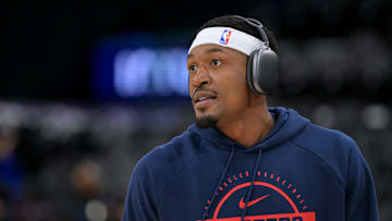 Oct 24, 2025; Inglewood, California, USA; Los Angeles Clippers guard Bradley Beal (0) warms up prior to the game against the Phoenix Suns at Intuit Dome. Mandatory Credit: Jayne Kamin-Oncea-Imagn Images