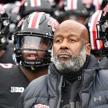 Dec 30, 2023; Nashville, TN, USA; Maryland Terrapins head coach Mike Locksley waits to take the field before the game against the Auburn Tigers at Nissan Stadium. Mandatory Credit: Christopher Hanewinckel-Imagn Images