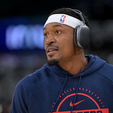 Oct 24, 2025; Inglewood, California, USA; Los Angeles Clippers guard Bradley Beal (0) warms up prior to the game against the Phoenix Suns at Intuit Dome. Mandatory Credit: Jayne Kamin-Oncea-Imagn Images