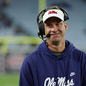 Jan 2, 2025; Jacksonville, FL, USA; Mississippi Rebels head coach Lane Kiffin looks on against the Duke Blue Devils in the fourth quarter during the Gator Bowl at EverBank Stadium. Mandatory Credit: Nathan Ray Seebeck-Imagn Images