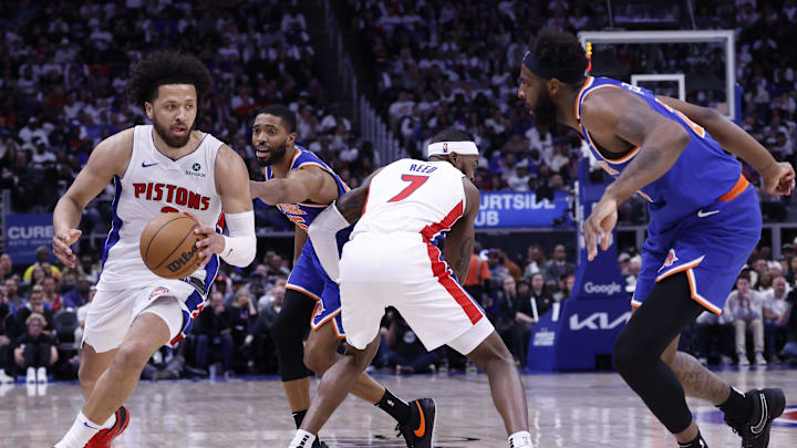 May 1, 2025; Detroit, Michigan, USA; Detroit Pistons guard Cade Cunningham (2) dribbles on New York Knicks forward Mikal Bridges (25) in the second half during game six of first round for the 2024 NBA Playoffs at Little Caesars Arena. Mandatory Credit: Rick Osentoski-Imagn Images