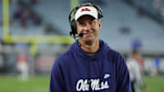Jan 2, 2025; Jacksonville, FL, USA; Mississippi Rebels head coach Lane Kiffin looks on against the Duke Blue Devils in the fourth quarter during the Gator Bowl at EverBank Stadium. Mandatory Credit: Nathan Ray Seebeck-Imagn Images