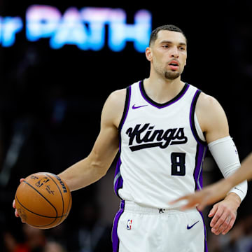 Mar 10, 2025; Sacramento, California, USA; Sacramento Kings guard Zach LaVine (8) dribbles the ball up the court against the New York Knicks during the third quarter at Golden 1 Center. Mandatory Credit: Sergio Estrada-Imagn Images
