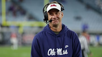 Jan 2, 2025; Jacksonville, FL, USA; Mississippi Rebels head coach Lane Kiffin looks on against the Duke Blue Devils in the fourth quarter during the Gator Bowl at EverBank Stadium. Mandatory Credit: Nathan Ray Seebeck-Imagn Images