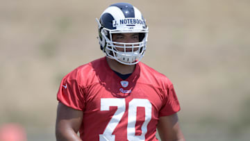 Jun 11, 2019; Los Angeles Rams tackle Joseph Noteboom (70) during minicamp at Cal Lutheran University.