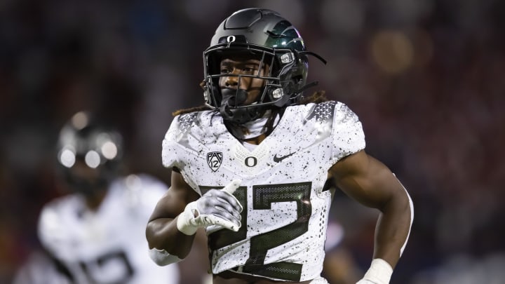 Oct 8, 2022; Tucson, Arizona, USA; Oregon Ducks running back Noah Whittington (22) against the Arizona Wildcats at Arizona Stadium.