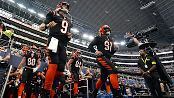 Cincinnati Bengals quarterback Joe Burrow (9) and Cincinnati Bengals defensive end Trey Hendrickson (91) take field field before in the first quarter of an NFL Week 2 game against the Dallas Cowboys, Sunday, Sept. 18, 2022, at AT&T Stadium in Arlington, Texas.

Nfl Cincinnati Bengals At Dallas Cowboys Sept 18 2315