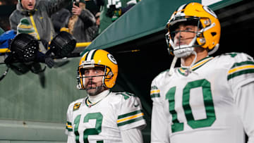 Aaron Rodgers and Jordan Love ahead of a matchup between the Green Bay Packers and Tennessee Titans
