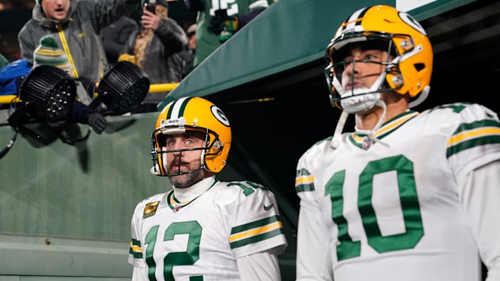 Aaron Rodgers and Jordan Love ahead of a matchup between the Green Bay Packers and Tennessee Titans