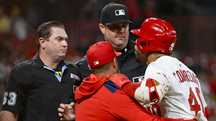 Cardinals first baseman Willson Contreras earned a six-game suspension and a fine for his actions against the plate umpire in a game. Cardinals first baseman Willson Contreras earned a six-game suspension and a fine for his actions against the plate umpire in a game.