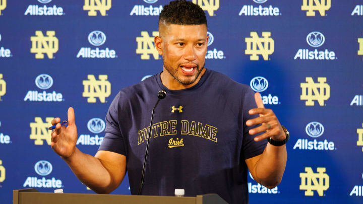 Notre Dame head coach Marcus Freeman speaks with the media after a Notre Dame football practice at Irish Athletic Center on Wednesday, July 31, 2024, in South Bend.