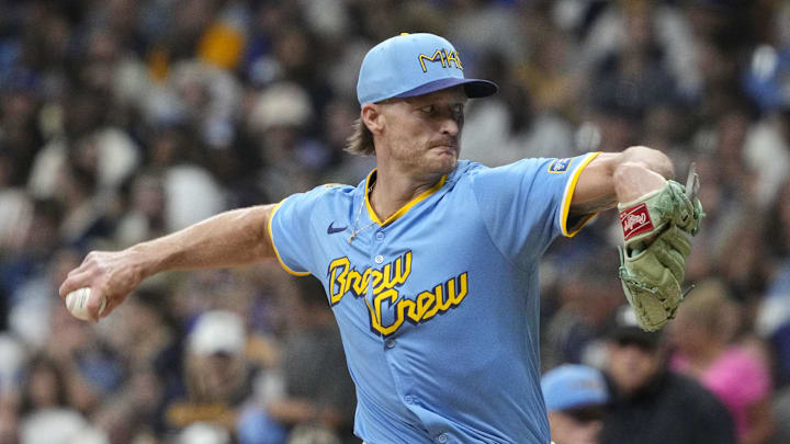 Aug 22, 2025; Milwaukee, Wisconsin, USA; Milwaukee Brewers pitcher Shelby Miller (55) delivers a pitch against the San Francisco Giants in the sixth inning at American Family Field. Mandatory Credit: Michael McLoone-Imagn Images