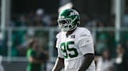 Jul 25, 2025; Florham Park, NJ, USA; New York Jets defensive tackle Quinnen Williams (95) warms up during training camp at Atlantic Health Jets Training Center. Mandatory Credit: John Jones-Imagn Images