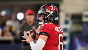 Nov 23, 2025; Inglewood, California, USA; Tampa Bay Buccaneers quarterback Baker Mayfield (6) warms up before the game against the Los Angeles Rams at SoFi Stadium. Mandatory Credit: Kiyoshi Mio-Imagn Images