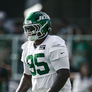 Jul 25, 2025; Florham Park, NJ, USA; New York Jets defensive tackle Quinnen Williams (95) warms up during training camp at Atlantic Health Jets Training Center. Mandatory Credit: John Jones-Imagn Images