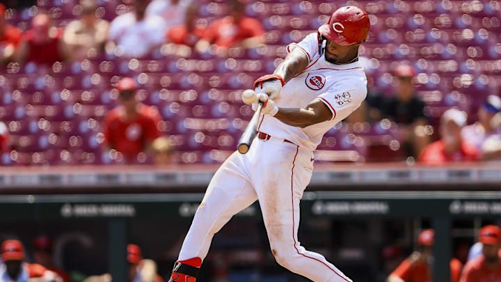 Aug 30, 2024; Cincinnati, Ohio, USA; Cincinnati Reds outfielder Will Benson (30) bats against the Milwaukee Brewers in the ninth inning at Great American Ball Park. Mandatory Credit: Katie Stratman-Imagn Images