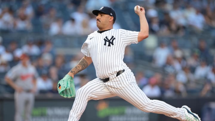 Jun 18, 2024; Bronx, New York, USA; New York Yankees starting pitcher Nestor Cortes (65) delivers a pitch during the first inning against the Baltimore Orioles at Yankee Stadium. Mandatory Credit: Vincent Carchietta-USA TODAY Sports