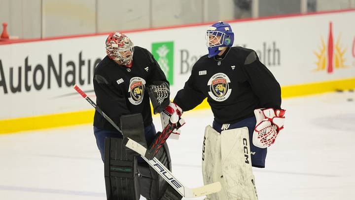 Sep 19, 2025; Fort Lauderdale, FL, USA; Florida Panthers goaltender Evan Cormier (left) and goaltender Kirill Gerasimyuk (right) react during training camp at Baptist Health IcePlex. Mandatory Credit: Sam Navarro-Imagn Images