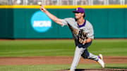 Jun 19, 2023; Omaha, NE, USA; LSU Tigers starting pitcher Ty Floyd (9) throws a pitch against the Wake Forest Demon Deacons during the first inning at Charles Schwab Field Omaha. Mandatory Credit: Dylan Widger-Imagn Images