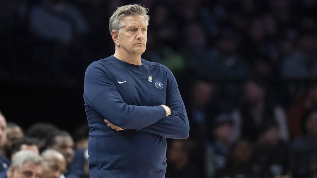 Jan 22, 2026; Minneapolis, Minnesota, USA; Minnesota Timberwolves head coach Chris Finch looks on against the Chicago Bulls in the second half at Target Center. Mandatory Credit: Jesse Johnson-Imagn Images
