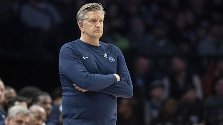 Jan 22, 2026; Minneapolis, Minnesota, USA; Minnesota Timberwolves head coach Chris Finch looks on against the Chicago Bulls in the second half at Target Center. Mandatory Credit: Jesse Johnson-Imagn Images
