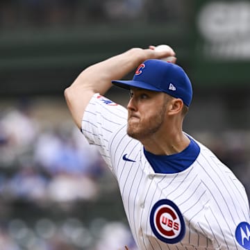 Jun 19, 2025; Chicago, Illinois, USA;  Chicago Cubs pitcher Jameson Taillon (50) delivers during the first inning against the Milwaukee Brewers at Wrigley Field. 