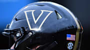 Sep 3, 2022; Nashville, Tennessee, USA; View of a Vanderbilt Commodores helmet before the game against the Elon Phoenix at FirstBank Stadium. Mandatory Credit: Christopher Hanewinckel-Imagn Images