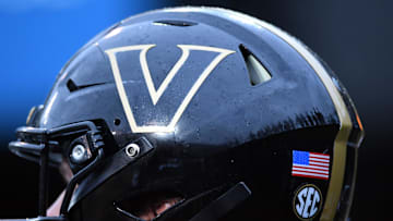 Sep 3, 2022; Nashville, Tennessee, USA; View of a Vanderbilt Commodores helmet before the game against the Elon Phoenix at FirstBank Stadium. Mandatory Credit: Christopher Hanewinckel-Imagn Images