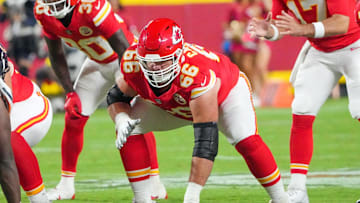 Aug 22, 2025; Kansas City, Missouri, USA; Kansas City Chiefs guard Mike Caliendo (66) at the line of scrimmage against the Chicago Bears during the game at GEHA Field at Arrowhead Stadium. Mandatory Credit: Denny Medley-Imagn Images