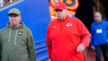 Nov 2, 2025; Orchard Park, New York, USA; Kansas City Chiefs head coach Andy Reid enters the field before the game against the Buffalo Bills at Highmark Stadium. Mandatory Credit: Gregory Fisher-Imagn Images