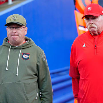 Nov 2, 2025; Orchard Park, New York, USA; Kansas City Chiefs head coach Andy Reid enters the field before the game against the Buffalo Bills at Highmark Stadium. Mandatory Credit: Gregory Fisher-Imagn Images