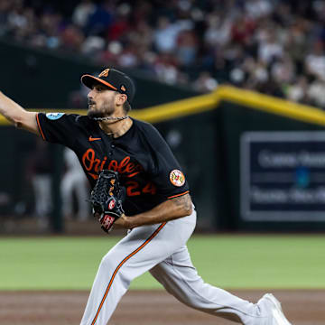 Apr 7, 2025; Phoenix, Arizona, USA; Baltimore Orioles pitcher Zach Eflin against the Arizona Diamondbacks at Chase Field. Mandatory Credit: Mark J. Rebilas-Imagn Images