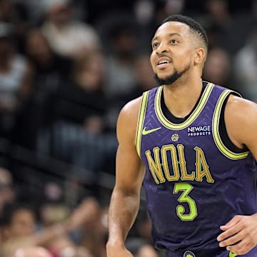 Mar 15, 2025; San Antonio, Texas, USA; New Orleans Pelicans guard CJ McCollum (3) reacts after scoring a basket during the second half against the San Antonio Spurs at Frost Bank Center. Mandatory Credit: Scott Wachter-Imagn Images