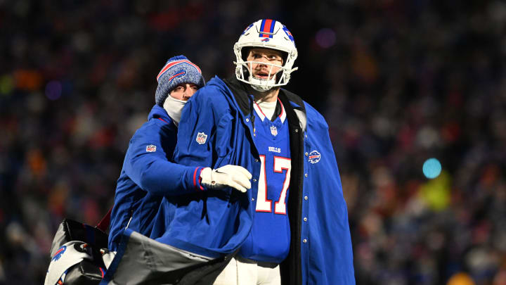 Jan 21, 2024; Orchard Park, New York, USA; Buffalo Bills quarterback Josh Allen (17) in the first half of the 2024 AFC divisional round game against the Kansas City Chiefs at Highmark Stadium. Mandatory Credit: Mark Konezny-USA TODAY Sports
