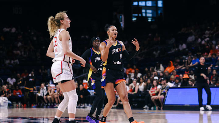 Jul 27, 2025; Washington, District of Columbia, USA; Phoenix Mercury forward Satou Sabally (0) celebrates in the fourth quarter against the Washington Mystics at CareFirst Arena. Mandatory Credit: Emily Faith Morgan-Imagn Images