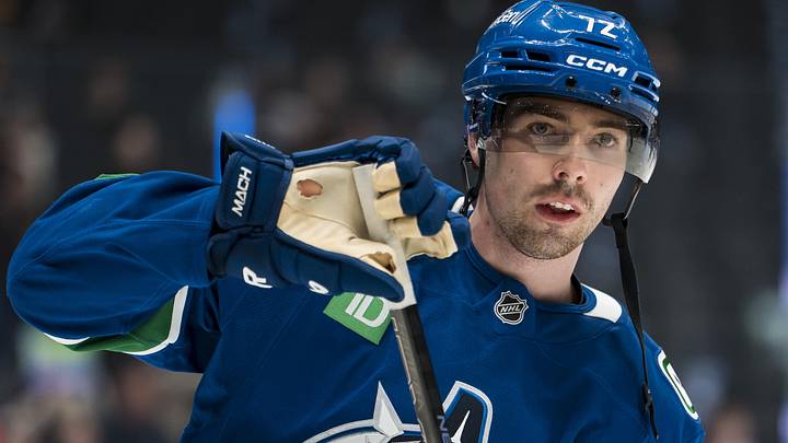 Jan 27, 2026; Vancouver, British Columbia, CAN; Vancouver Canucks forward Filip Chytil (72) skates in warm up prior to a game against the San Jose Sharks at Rogers Arena. Mandatory Credit: Bob Frid-Imagn Images