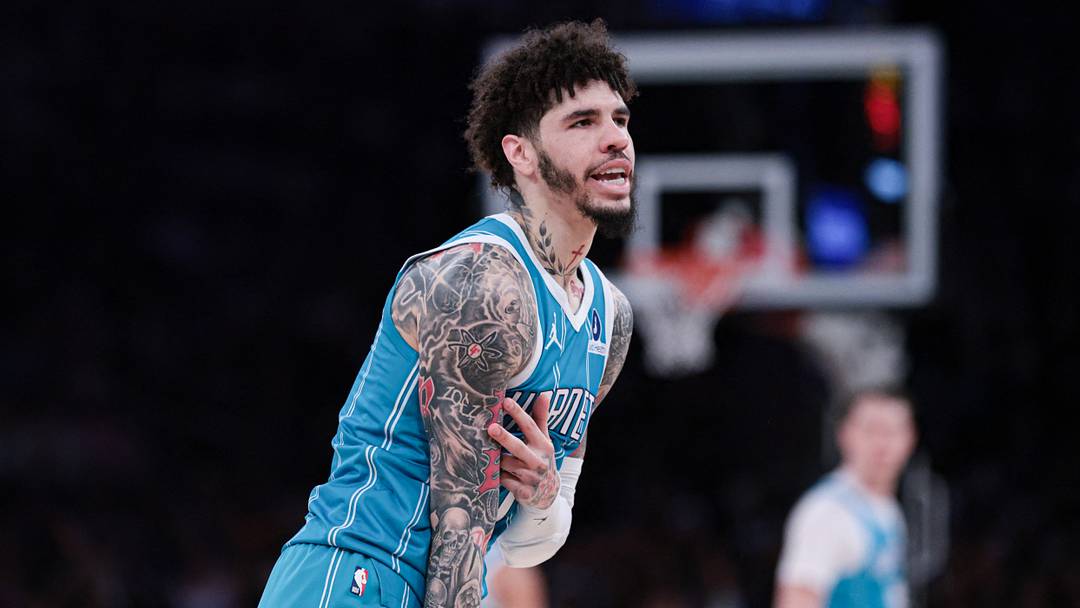 Apr 12, 2026; New York, New York, USA; Charlotte Hornets guard LaMelo Ball (1) reacts after a basket against the New York Knicks during the first half at Madison Square Garden. Mandatory Credit: Vincent Carchietta-Imagn Images