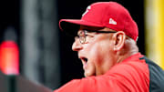 Cincinnati Reds manager Terry Francona (77) communicates with players during the ninth inning of a MLB game between the Cincinnati Reds and St. Louis Cardinals, Aug. 30, 2025, at Great American Ball Park in downtown Cincinnati. Cardinals won 4-2.