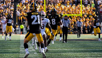 Iowa Hawkeyes wide receiver Kaden Wetjen (21) fair catches a kickoff against the Indiana Hoosiers Sept. 27, 2025 at Kinnick Stadium in Iowa City, Iowa.
