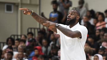 July 6, 2023; North Augusta, S.C., USA; NBA star LeBron James coaches Strive for Greatness during the Strive for Greatness and Mokan Elite basketball game at the fourth day of the Nike Peach Jam at Riverview Park Activities Center. Mandatory Credit: Katie Goodale-USA TODAY Network