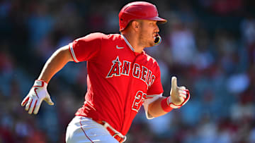 Jun 29, 2023; Anaheim, California, USA; Los Angeles Angels center fielder Mike Trout (27) runs after