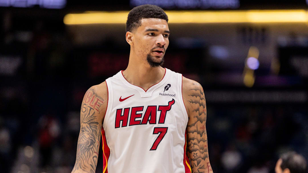 Feb 11, 2026; New Orleans, Louisiana, USA; Miami Heat center Kel'el Ware (7) looks on against the New Orleans Pelicans during the first half at Smoothie King Center. Mandatory Credit: Stephen Lew-Imagn Images