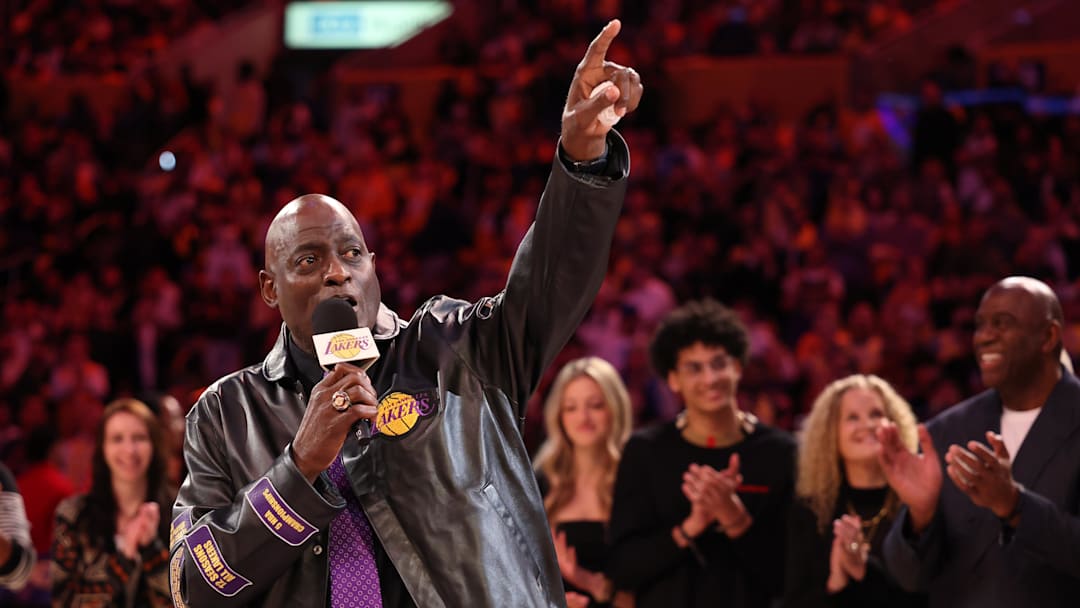 Jan 13, 2025; Los Angeles, California, USA: Former Los Angeles Laker Michael Cooper speaks during his jersey retirement at halftime between the Lakers and the San Antonio Spurs at Crypto.com Arena. Mandatory Credit: Kiyoshi Mio-Imagn Images