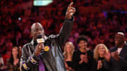 Jan 13, 2025; Los Angeles, California, USA: Former Los Angeles Laker Michael Cooper speaks during his jersey retirement at halftime between the Lakers and the San Antonio Spurs at Crypto.com Arena. Mandatory Credit: Kiyoshi Mio-Imagn Images