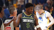 May 10, 2025; San Francisco, California, USA; Minnesota Timberwolves guard Anthony Edwards (5) gets ready for the start of the game against the Golden State Warriors during game three of the second round for the 2025 NBA Playoffs at Chase Center. Mandatory Credit: David Gonzales-Imagn Images